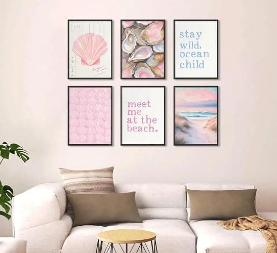 Pink Beach Preppy Wall art Coastal Granddaughter Aesthetic Room Painting Picture Wall Decor Shells Oyster Poster Print Artwork for Girls Room Girls Dorm Home Decoration thumbnail 5
