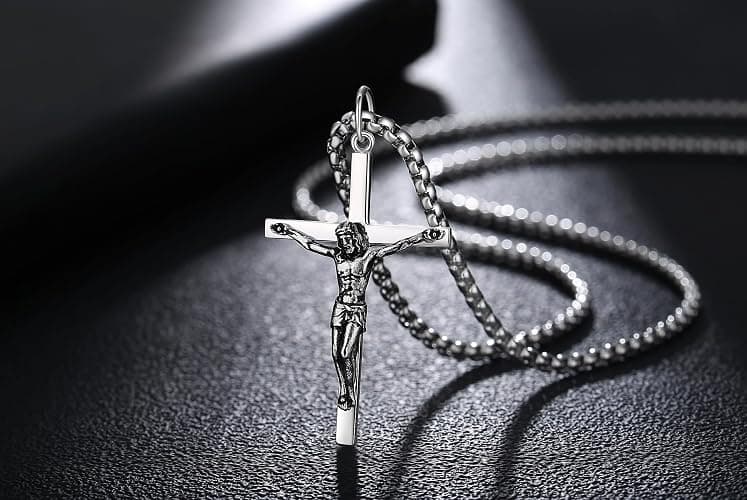 FANCIME Crucifix Cross Necklace Polished Crucifix Necklace Sterling Silver Fine Jewelry Gifts for Him Men, Strong Stainless Steel Box Chain Length 24 Inch thumbnail 6