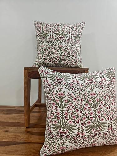 ATOSII Block Print Throw Pillow Covers, 20" X 20" - Set of 2, Decorative Couch Pillows for Living Room Bed Sofa, 100% Cotton Canvas Pillow Case for Home Decor & Outdoors, Preppy Throws - Nargis Pink thumbnail 6