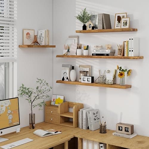 Axeman 36 inch Floating Shelves for Wall - 8'' D Live Edge Rustic Solid Elm Wood Floating Shelves Wall Mounted, Wall Shelves with Invisible Bracket for Living Room Bedroom Kitchen, Set of 2 Natural thumbnail 5