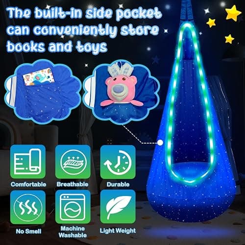 Light Up Kids Pod Swing Seat, Kids Hanging Hammock Swing Chair with LED Lights & Inflatable Pillow, Sensory Swing Pod Swing for Kids Indoor and Outdoor (Blue) thumbnail 5