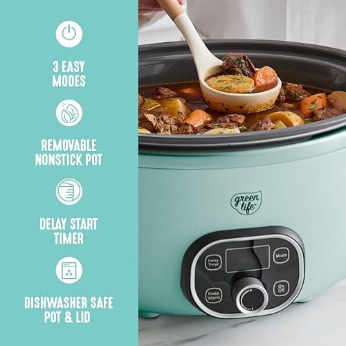 GreenLife 6QT Ceramic Slow Cooker, PFAS-Free, Programmable, Removable Healthy Nonstick Pot for Family Meals, Sear on Stovetop, Keep Warm, Digital Timer, Dishwasher Safe Crock, Turquoise thumbnail 4