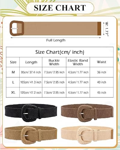 WILLBOND 4 Pcs Women Stretch Wide Straw Belt | Boho Raffia Woven with Rattan Buckle, Elastic Stretchy Waist Belt for Dresses Jeans Pants, Summer Beach Casual Outfits thumbnail 2