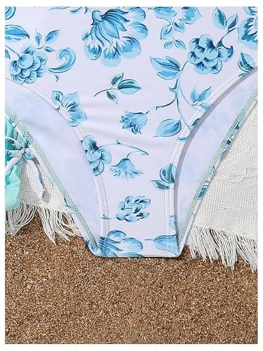 COZYEASE Girls' 3 Piece Set Floral Print Bikini Swimsuit with Drawstring Beach Skirt Cute Ruched Bathing Suit thumbnail 3