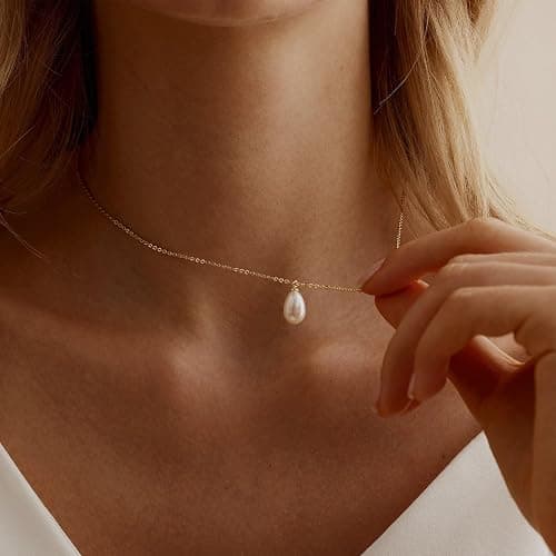 Pearl Necklace for Women Trendy,14k Gold Plated Necklace Dainty Wedding Necklace Small Cute Choker Necklace Beaded Lariat Drop Necklace Vintage Waterproof Jewelry for Women Gold Jewelry Fashion Gifts thumbnail 6