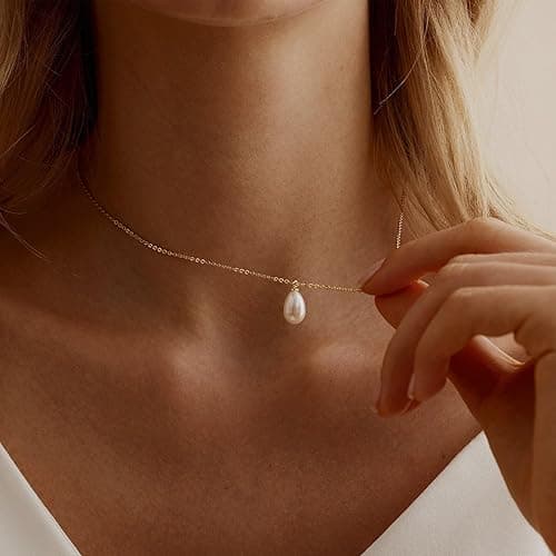 Pearl Necklace for Women Trendy,14k Gold Plated Necklace Dainty Wedding Necklace Small Cute Choker Necklace Beaded Lariat Drop Necklace Vintage Waterproof Jewelry for Women Gold Jewelry Fashion Gifts thumbnail 7