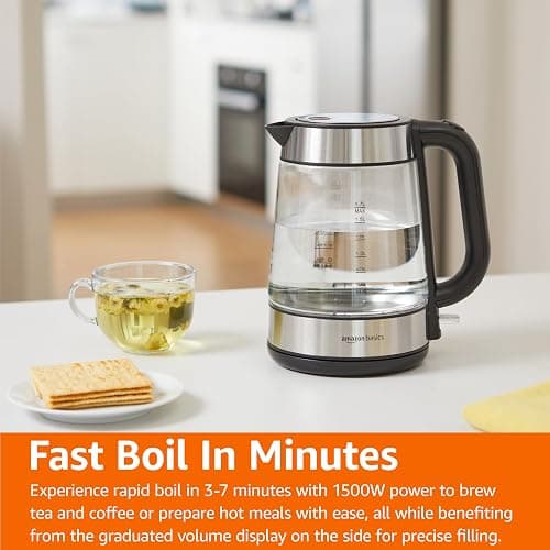 Amazon Basics Electric Kettle with Glass Carafe for Tea and Coffee, BPA-Free, Fast Boiling, Auto Shut-Off, Boil-Dry Protection, Water Level Indicator, 1.7 Liter, 1500W, Black and Silver thumbnail 2