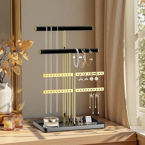 pickpiff Jewelry Holder Organizer with Velvet, Adjustable 10"-17" Tall, Metal Stand for Display Bracelet, Necklace, Earrings, Rings, Black and Gold thumbnail 7