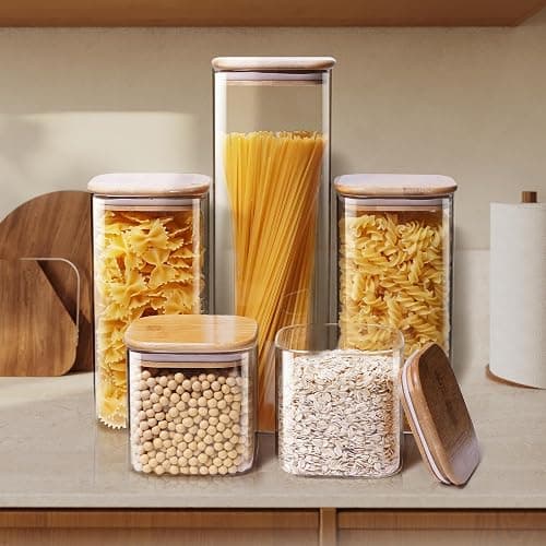 HomArtist Square Glass Jars with Bamboo Lids [Muti Size Set of 5], Glass Canisters with Airtight Lids, Glass Food Storage Containers for Pasta, Cereal, Flour, Sugar, Best for Kitchen & Pantry thumbnail 8