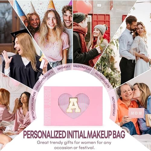 2 PCS Initial Makeup Bags for Women: Cosmetic Bag for Travel Toiletry - Birthday Gifts for 11 12 13 14 15 16 17 18 Years Old Girl Graduation Teacher Gift- Teen Girl Gifts Trendy Stuff - Pink A thumbnail 6