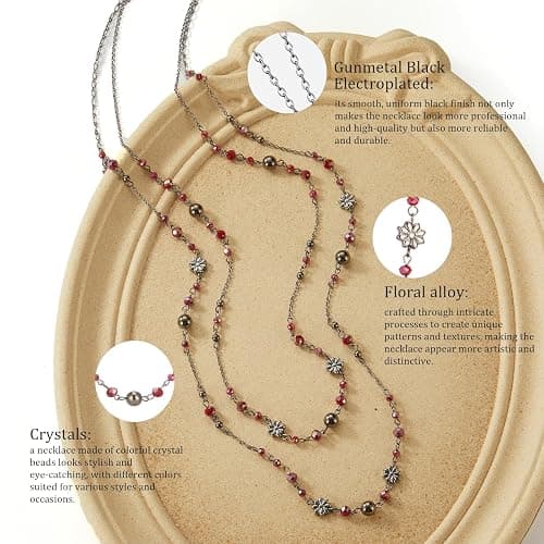 Noessla Layered Long Necklaces for Women Silver Black Beaded Necklace Vintage Flower Costume Jewelry Birthday Gifts for Women thumbnail 5