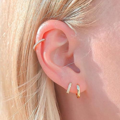 micuco 3 Pairs Small Hoop Earrings Set for Women, 14K Gold Plated Huggie Hoop Earrings for Men, Tiny Cartilage Hypoallergenic Earring Set thumbnail 6
