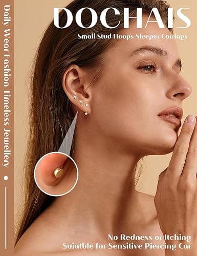Dochais 7 Pairs Small Stud Hoop Earrings for Women 14K Gold Plated Huggie Earring Sets for Multiple Piercing Hypoallergenic Dainty Earring Stacks Cute Silver Cartilage Jewelry Trendy Gifts - Gold Earring A - Yellow Gold thumbnail 3