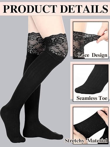 Fourluoo 6 Pairs Women's Lace Socks Lace Thigh High Socks with Trim Lolita Stocking Long over Knee Stocking for Women thumbnail 4
