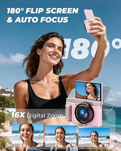 4K Digital Camera,64MP Cameras for Photography with 16X Digital Zoom, AutoFocus Vlogging Camera for YouTube, 3" 180°Flip Screen Compact Travel Camera, Anti-Shake 4K Video Cameras with 64GB Card, Pink thumbnail 3