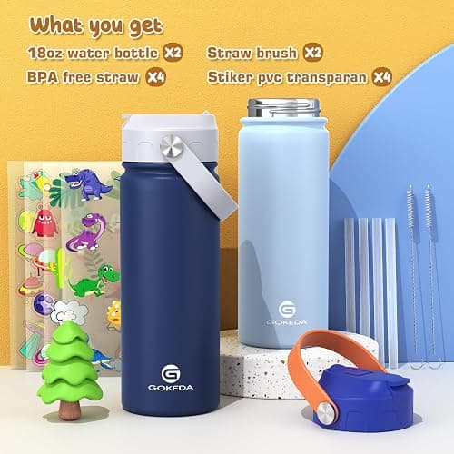 GoKEDA 18oz Kids Water Bottle, 2 Pack Insulated Bottles with Stickers, 18/8 Stainless Steel Vacuum Leak Proof Straw Cup for School, Gifts for Boys(Light Blue, Dark Blue) thumbnail 3