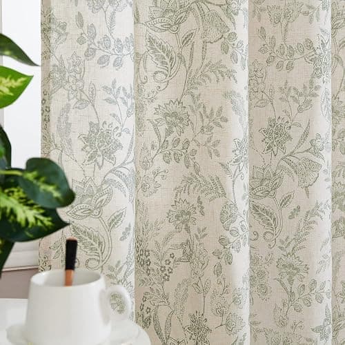 Lazzzy Linen Curtains Farmhouse Green Floral Print Curtains 84 Inches Long Back Tab Drapes for Living Room Bedroom Semi Sheer Patterned Country Vintage Curtains 2 Panels Set Rod Pocket Green on Beige thumbnail 3