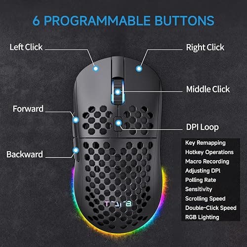 TMKB Falcon M1 Wireless Gaming Mouse, 24000DPI Optical Sensor, 180Hrs Battery, Lightweight, 6 Programmable Buttons, RGB Strip, 2.4G/BT5.2/USB-C Wired for PC/Mac/Laptop - Matte Black thumbnail 5