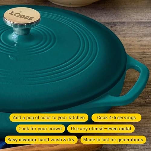 Lodge 3.6 Quart Enameled Cast Iron Covered Casserole with Lid – Dual Handles – Oven Safe up to 500° F or on Stovetop - Use to Marinate, Cook, Bake, Refrigerate and Serve – Lagoon thumbnail 3