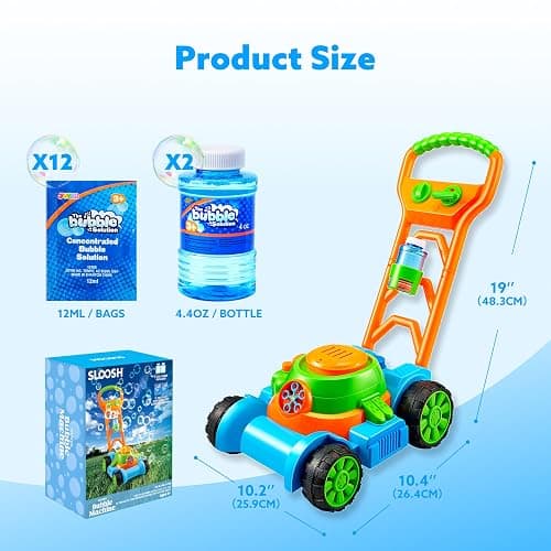 SLOOSH Bubble Lawn Mower Toddler Toys - Pretend Play Bubble Blower Machine Gardening Toy Leak-Proof for Indoor Outdoor Use, Push Toys Preschool Baby Boys Kids Halloween Birthday Gifts (Blue) thumbnail 3