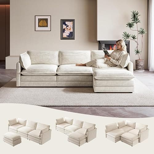 ROWHY 104'' Modular Sectional Cloud Couch with Movable Ottoman, 4 Seat Modern Corduroy Sofa, Deep Seat L Shaped Couch for Living Room Bedroom Apartment, Beige thumbnail 2