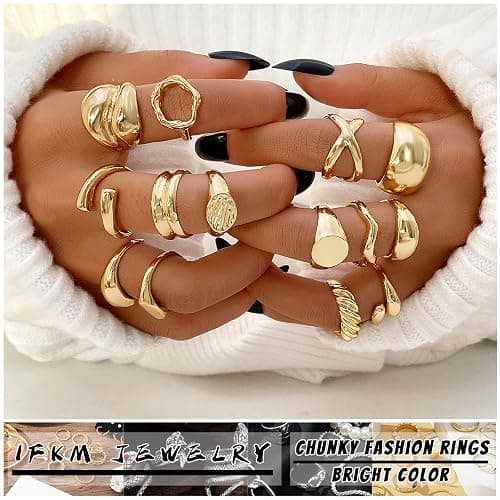 IFKM Gold Chunky Rings Set for Women 14k Gold Plated Thick Dome Stackable Open Rings Trendy Dainty Minimalist Jewelry Gifts - Gold - Flatbed wide format thumbnail 2