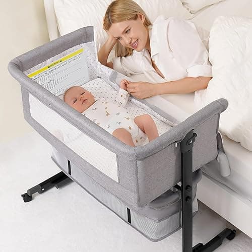 Semphis Baby Bassinet, 3 in 1 Bassinets Bedside Sleeper, Adjustable Height Bedside Sleeper with Rocking Mode, Breathable Mesh, Storage Basket, Wheels, Easy Assemble & Folding (Gray) - Image 1