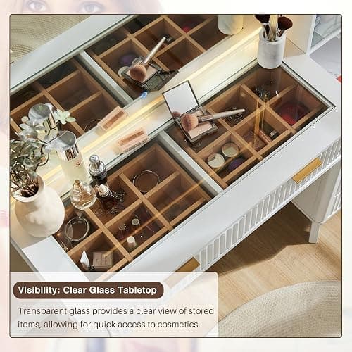 T4TREAM 48" Fluted Makeup Vanity Desk with Large 36" Mirror and Lights, Modern Glass Top Big Vanity Table with 5 Drawers & Adjustable Shelves, Dressing Table Set w/Charging Station for Bedroom, White thumbnail 5