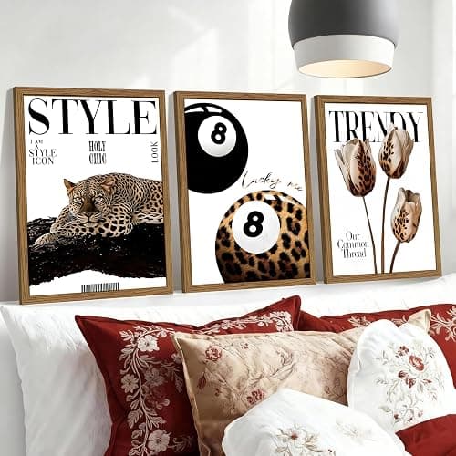 Trendy Leopard Canvas Wall Art Set of 3, Funky Cheetah Lucky 8 Ball Pictures Wall Decor Prints, Preppy Aesthetic Paintings, Girly Aesthetic Home Decor for Living Room Bedroom Dorm 12x16in Wood Framed thumbnail 7