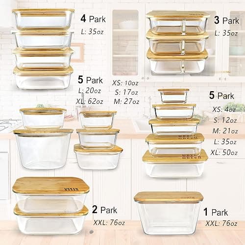 Urban Green Glass Containers with Bamboo Lids, Meal Prep Glass Food storage Container Set, 5 Pack, Pantry & Kitchen Organizer, Microwave, Oven, Freezer Safe thumbnail 3