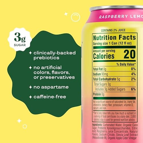 Bloom Pop Prebiotic Soda 12 Pack, Raspberry Lemonade Flavor, 12oz Cans | Prebiotic Soda for Gut Health, Low Calorie Soda, No Caffeine, Healthy Soft Drink Alternative thumbnail 2