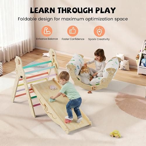 Bimomiki Pikler Triangle Climbing Set with Cushion, Foldable Climbing Toys Indoor, Montessori Toddler Gym, 10-in-1 Climber & Playground, Gift for Christmas, Birthday, New Year (Rainbow Valley) thumbnail 9