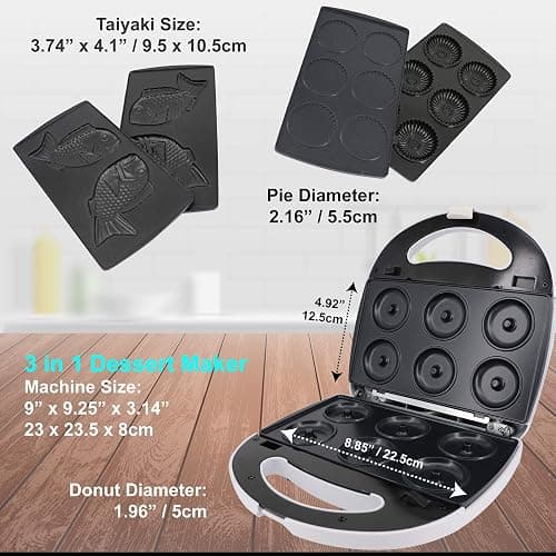 Mini-Donuts Maker, Mini-Pie and Quiche Maker, Taiyaki Maker – NEW 3 in 1 Three Slices Detachable Dessert Maker by StarBlue – White AC 110-120V 50/60Hz 700-800W thumbnail 5