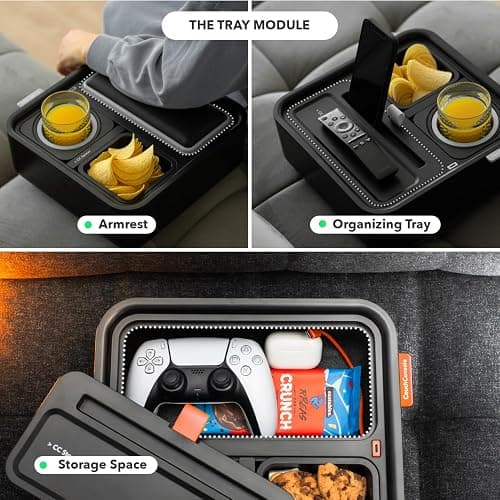 CouchConsole Original Tray - Drinks & Snacks Sofa Caddy with Armrest, Table with Phone Stand- TV Remote Control Storage and Organizer - for Living Rooms, RV, and Cars, Black/Orange thumbnail 5