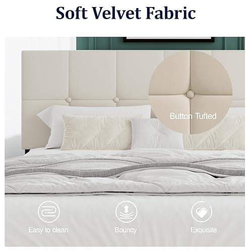 IOILORI Full Size Bed Frame, Full Size Platform Bed Frame with Headboard, Upholstered Headboard, Sturdy Wooden Slats, Noiseless No Box Spring Required, Easy to Assemble, Beige thumbnail 5