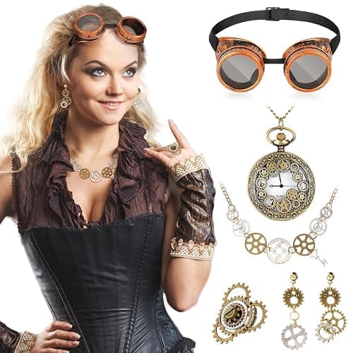 DPKOW Pack of 6 Steampunk Accessories for Women and Men - Glasses, Pocket Watch, Gears, Necklace, Earrings Jewelry Set thumbnail 4