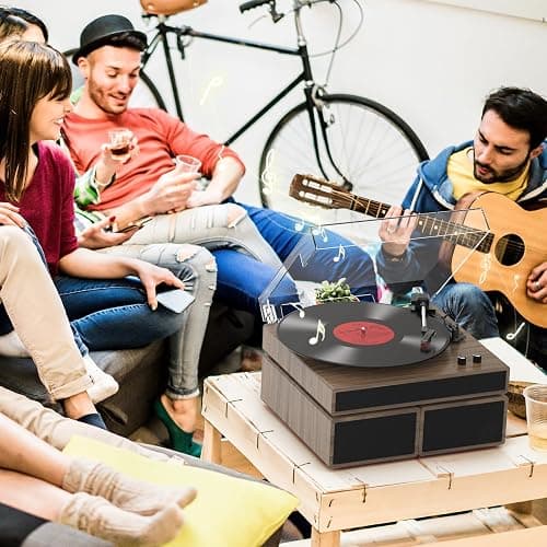 Vinyl Record Player with Dual Stereo Bookshelf Speakers Vintage Turntable with Bluetooth Wireless Playback Belt Drive 3-Speed Playback Record Player Support RCA Out Auto Stop thumbnail 7