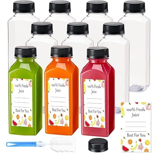 Juice Bottles with Caps 10Pcs 12oz, Plastic Bottleswith Caps, Clear Reusable Water Bottle, Used for Juicing Bottles, Smoothie Bottle, Juice Containers - with 10Pcs Labels & Bottle Brush - Image 1