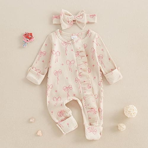 Socutebabe Newborn Baby Girl Coming Home Outfit Ruffle Romper Onesie Cute Ribbed Knit Jumpsuit Winter Clothes and Headband thumbnail 2