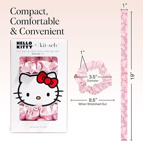 Hello Kitty x Kitsch Satin Heatless Hair Curler Set - Heatless Curls Overnight, Hair Rollers for Soft Curls & Frizz-Free Styling, No Heat Curlers To Sleep in, Curling Rod Headband - Pink Kitty Faces thumbnail 5
