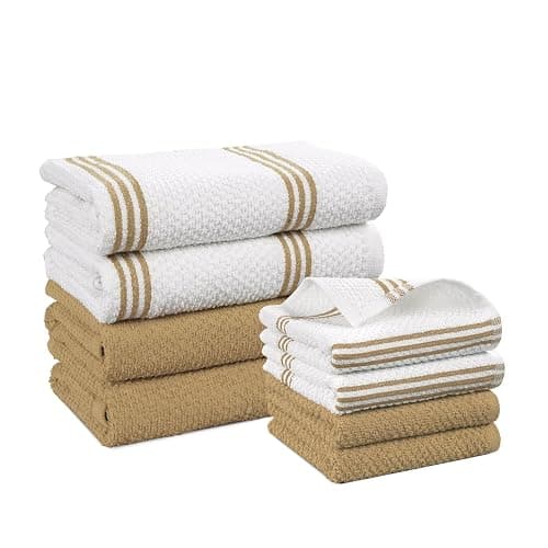 Casa Platino Kitchen Dish Cloths and Dish Towels, 8 Pc Cotton Set with Dual Designs for Drying and Surface Care, Soft and Stylish Helpers for Warm-Toned Kitchens – Beige - Image 1