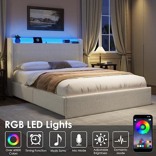 coucheta Queen Size LED Bed Frame with Headboard & 4 Storage Drawers, Soft Boucle Upholstered Platform Bed Frame with Charging Station and USB Ports, Wooden Slats Support, No Box Spring Needed, White thumbnail 6