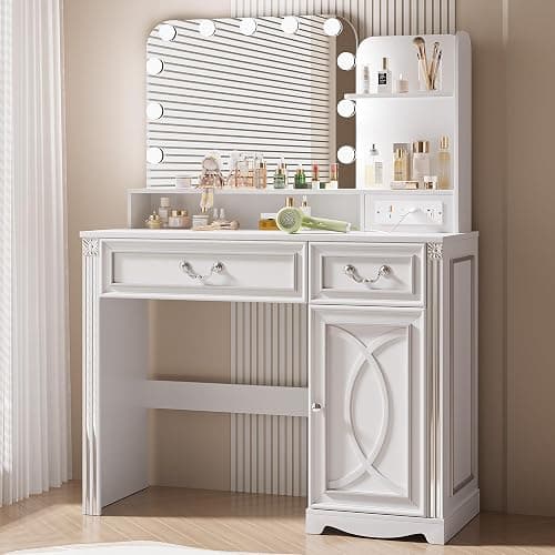 ⭐️Ylued Vanity Desk with Mirror and Lights Power Outlet, 39 inch Makeup Vanity with Charging Station, Mid-Century Modern Dressing Table with 2 Drawers for Bedroom, White thumbnail 7