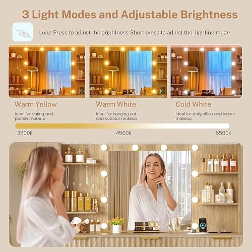 FIONESO Fluted Vanity Desk with Mirror and Adjustable LED Lights & Power Outlet, Makeup Vanity Desk with 7 Drawers,4 Shelves and 5 Hooks, Vanity for Girls, Natural Oak thumbnail 6