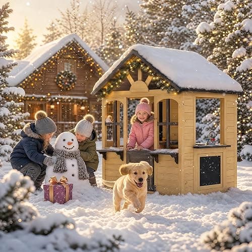 Aoxun Kids Outdoor Playhouse Wood Play House for Kids Ages 3-8 withPet Door | Backyard Cottage Playhouse with Play Kitchen,Snack Bar,Blackboards,Flowerpots,Children Toddler Playground Playset for Garden thumbnail 8