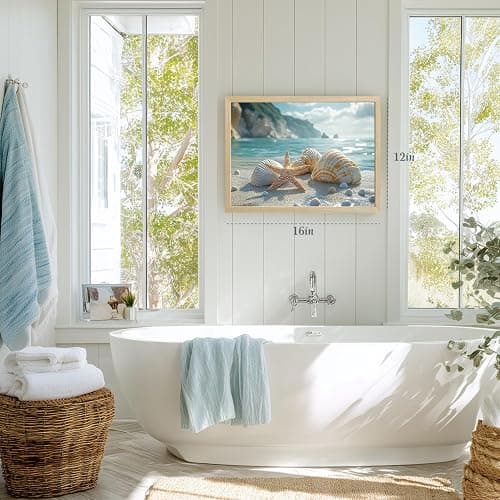 Clicyre Coastal Wall Art for Bathroom, Blue Ocean Beach Canvas Prints, Seaside Starfish & Seashell Decor, Nautical Sand Seascape Pictures for Bedroom Living Room Home Decoration Wood Framed 12x16 Inch thumbnail 5