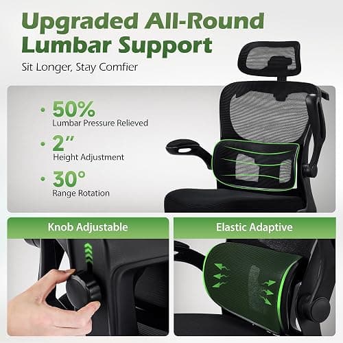 AreShark Office Chair Ergonomic Desk Chairs with Adjustable Lumbar Support& Headrest Hanger, High Back Breathable Mesh Chair with Wheels, Rolling Swivel Comfy Task Computer Chair for Home Work Gaming thumbnail 4