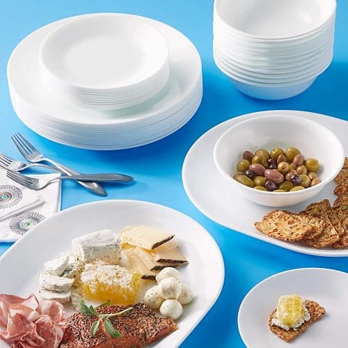 Corelle Vitrelle 38-Piece Service for 12 Dinnerware Set, Triple Layer Glass and Chip Resistant, Lightweight Round Plates and Bowls Set, Winter Frost White thumbnail 2