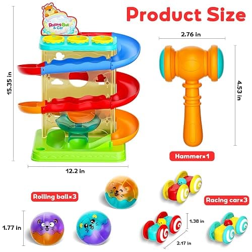 2-in-1 Ball Drop & Car Ramp Race Track Montessori Toy for Toddlers Ages 1-5 | Hammer Rolling Ball, Launch and Race Car-Cause and Effect Sensory STEM Learning Toys for 1-5 Year Old Boys & Girls thumbnail 2