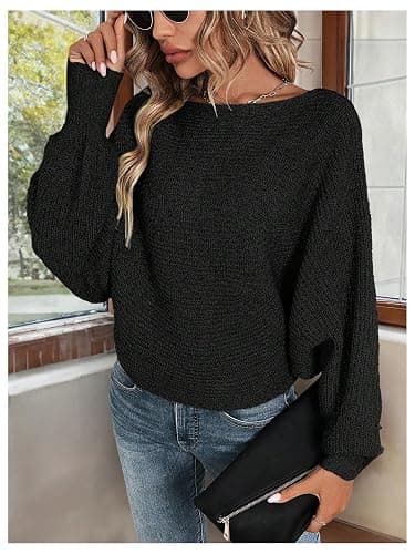 RoseSeek Women's Off Shoulder Lace Up Open Back Sweaters Long Sleeve Loose Pullovers Casual Knit Fall Tops thumbnail 5